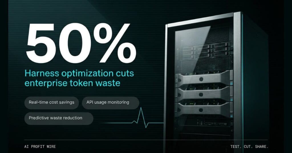 TOKEN COST CUT hero_stat_l_single signal card from The AI Profit Wire, 50% token cost reduction via harness optimization, Executive Data-Noir design.