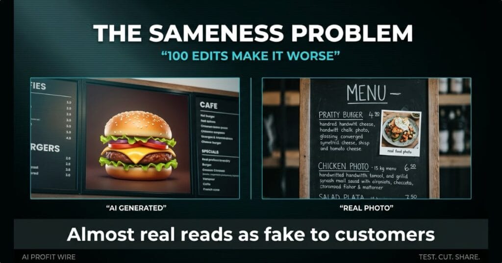 Comparison graphic: a glossy AI-generated menu illustration with smooth symmetrical food beside a real photographed chalkboard menu, split panels under the headline The Sameness Problem and the verdict Almost real reads as fake to customers.