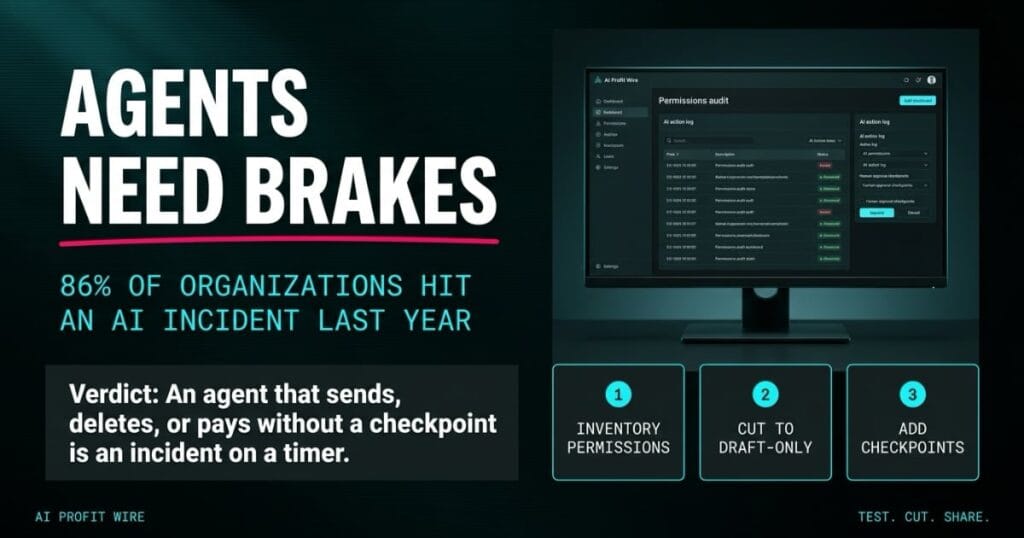 AGENTS NEED BRAKES featured signal card from The AI Profit Wire, AI agent governance and permissions audit, Executive Data-Noir design.