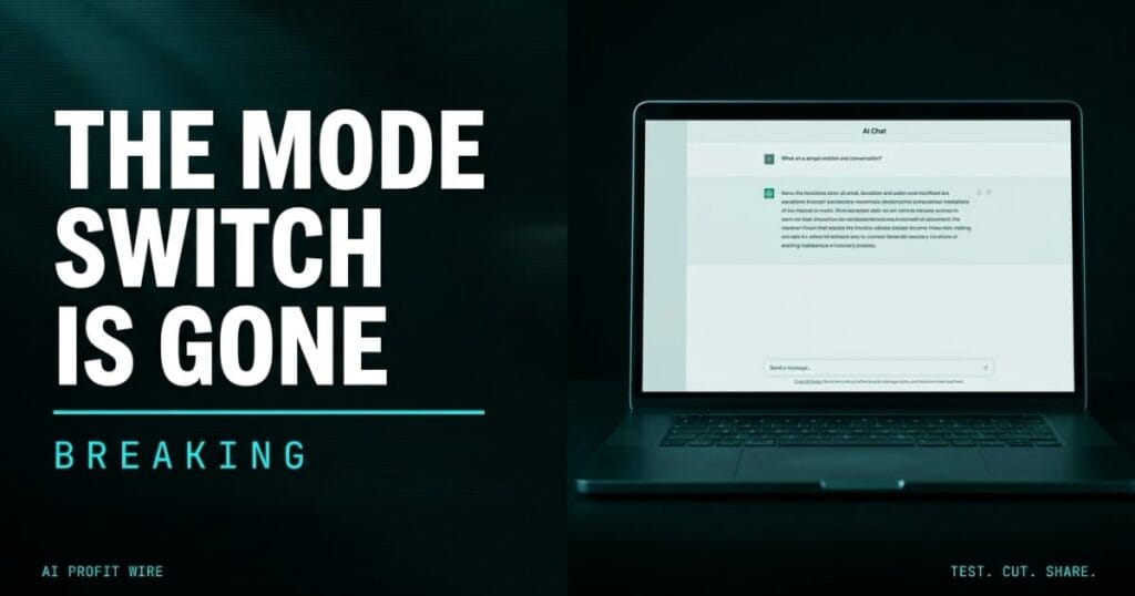 THE MODE SWITCH IS GONE featured card from The AI Profit Wire, single insight statement on Anthropic merging Claude Cowork and chat into one agent, Executive Data-Noir design.