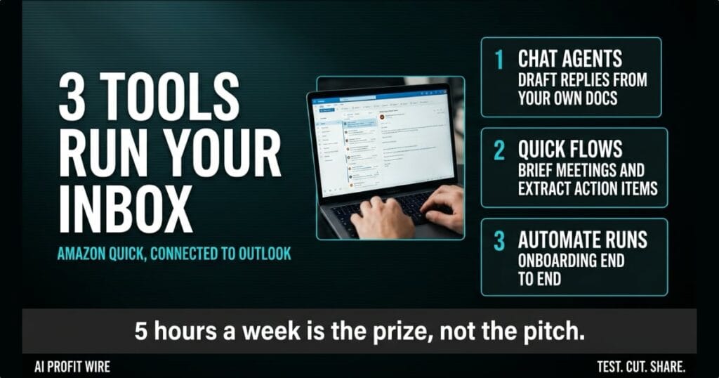 Amazon Quick's three Outlook automation tools shown as a numbered card breakdown beside hands typing in an inbox, framed by a verdict band on 5 hours a week of saved time.