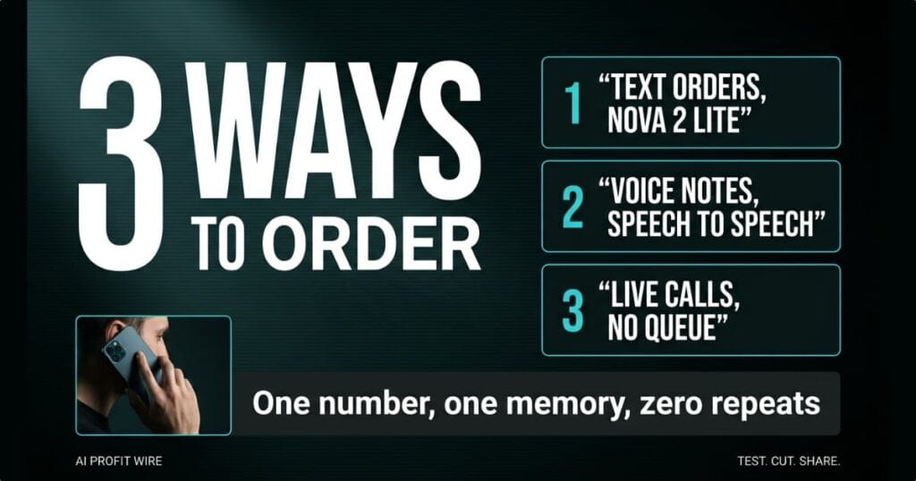 Amazon Bedrock WhatsApp ordering graphic: the headline 3 Ways To Order beside a photographed hand holding a smartphone mid-call, with numbered cards for text orders, voice notes, and live calls on one number.