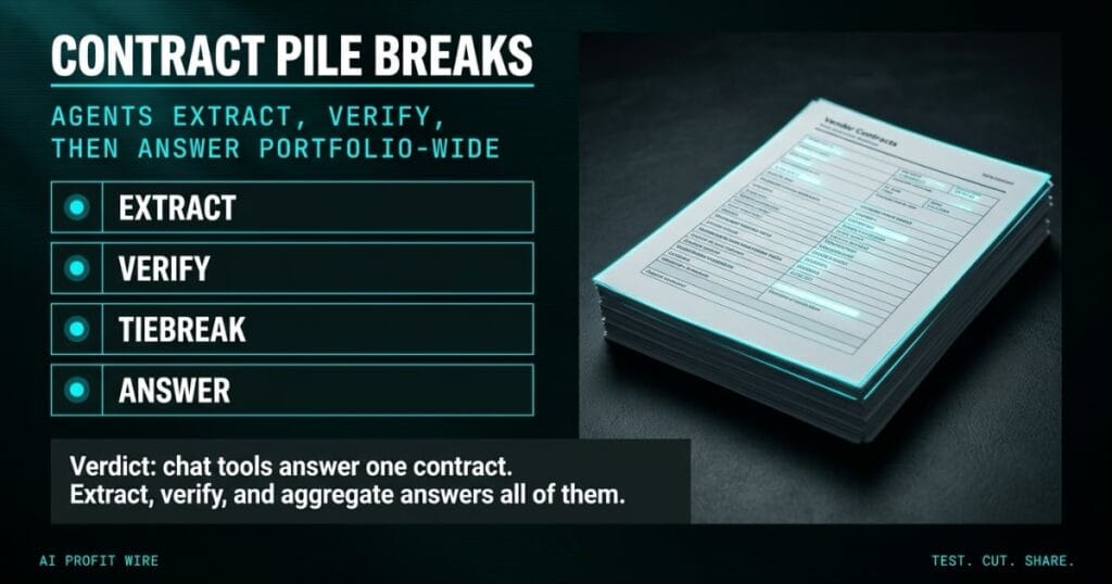 CONTRACT PILE BREAKS industry news signal header from The AI Profit Wire, vendor contract stack with cyan-highlighted extracted fields and verification tiebreaker, Executive Data-Noir design.