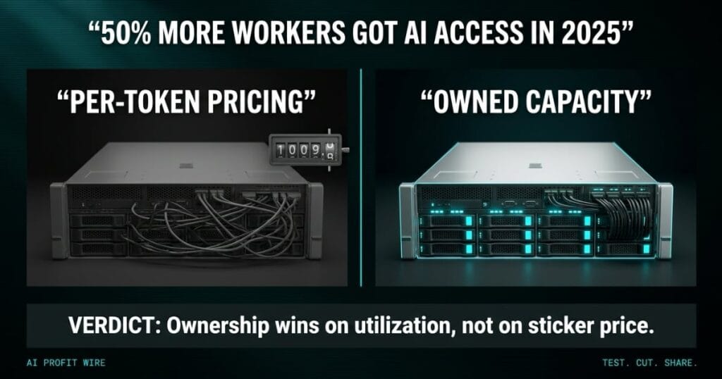 AI infrastructure costs featured image from The AI Profit Wire, GPU server dim under per-token pricing versus crisp under owned capacity, 50 percent worker access stat line, Executive Data-Noir design.