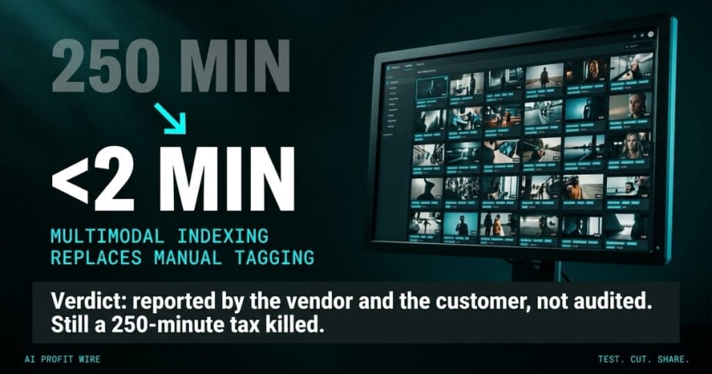 SEARCH TIME COLLAPSE industry news featured image from The AI Profit Wire, AI-indexed video library monitor with 250 min to under 2 min stat, Executive Data-Noir design.