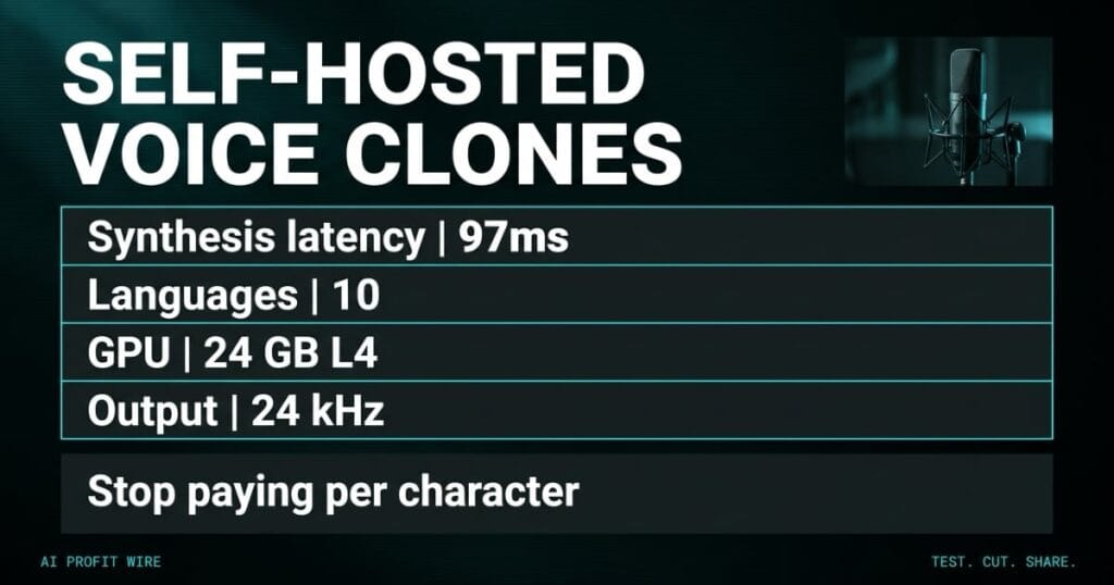SELF-HOSTED VOICE CLONES featured header from The AI Profit Wire, a spec table with 97ms latency over a studio microphone photo, Executive Data-Noir design.