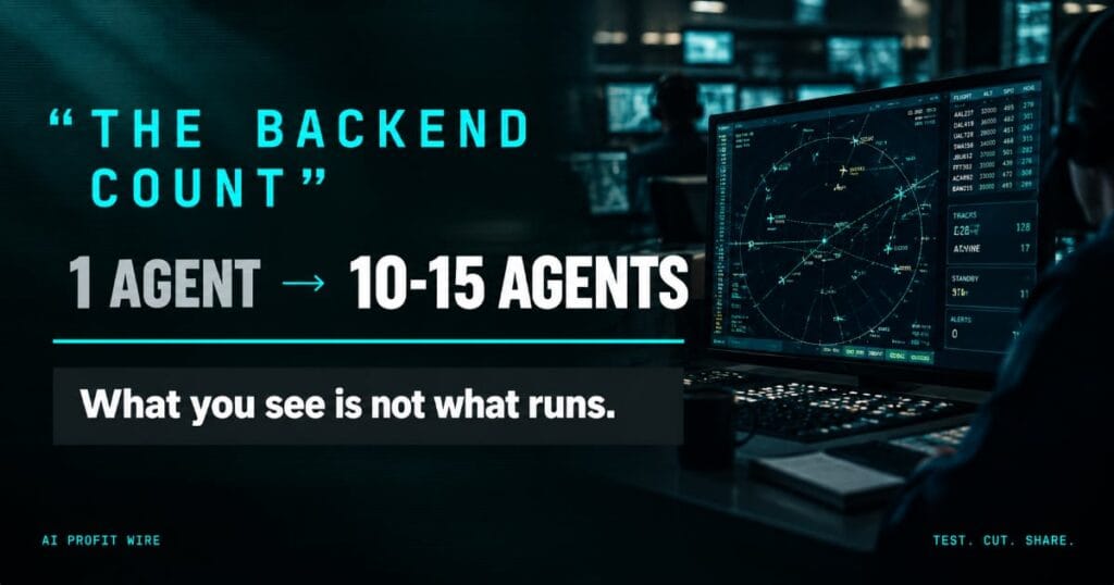 Featured card from The AI Profit Wire: 1 agent on the label becomes 10 to 15 agents in the backend, with an air traffic control console as the harness metaphor, Data-Noir editorial design.