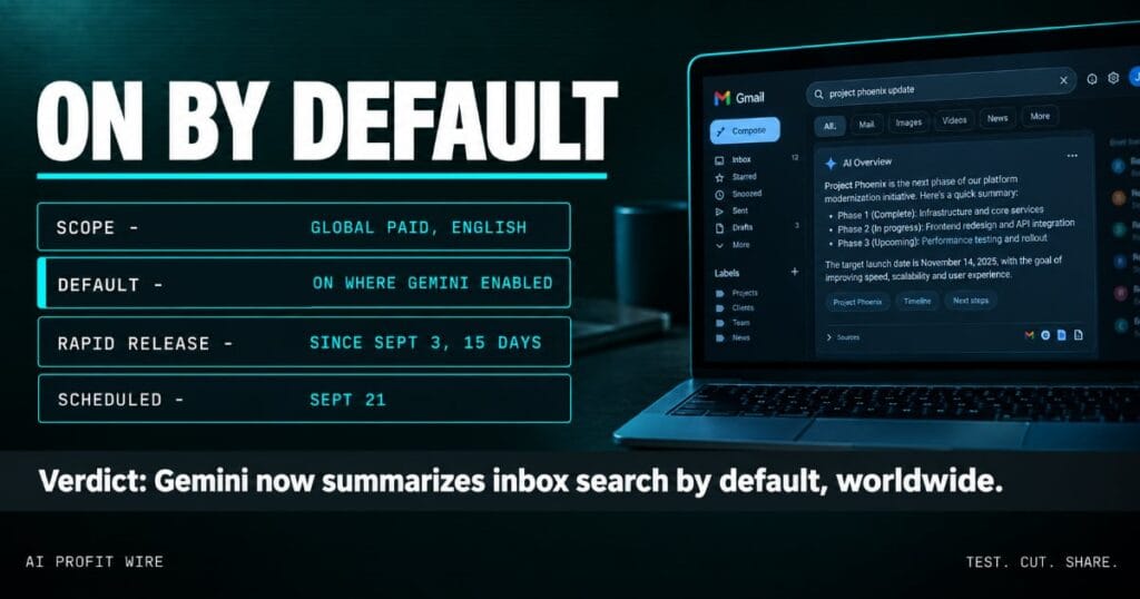 ON BY DEFAULT breaking signal header from The AI Profit Wire, Gmail AI Overviews on-by-default setting ledger with rollout dates, Executive Data-Noir design.