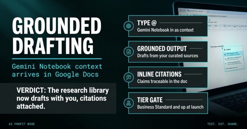 GROUNDED DRAFTING featured header from The AI Profit Wire: Google Docs pulls Gemini Notebook sources into a draft with inline citations, Executive Data-Noir design.