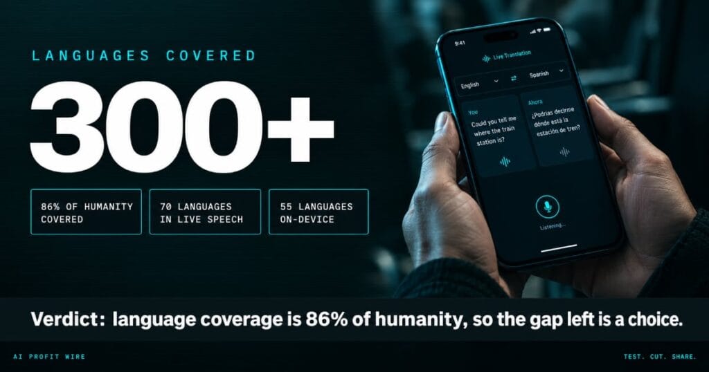 300 LANGUAGES breaking signal header from The AI Profit Wire, 300+ languages hero figure with on-device translation proof cards, Executive Data-Noir design.
