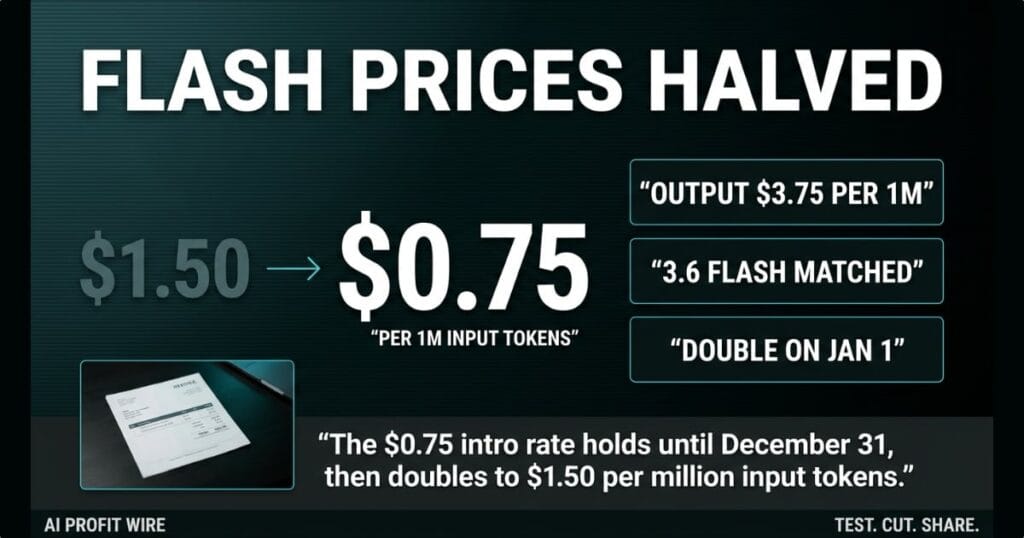 Price transform graphic on a teal-black background: 1 dollar 50 crossed down to 75 cents per million input tokens with proof cards on output pricing and the January doubling, a photographed invoice, and a verdict strip about the December 31 expiry.