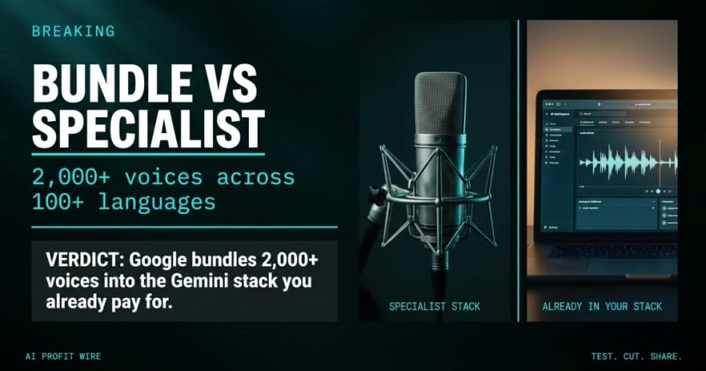 BUNDLE VS SPECIALIST breaking signal header from The AI Profit Wire, specialist microphone and bundled AI workspace split panels, Executive Data-Noir design.