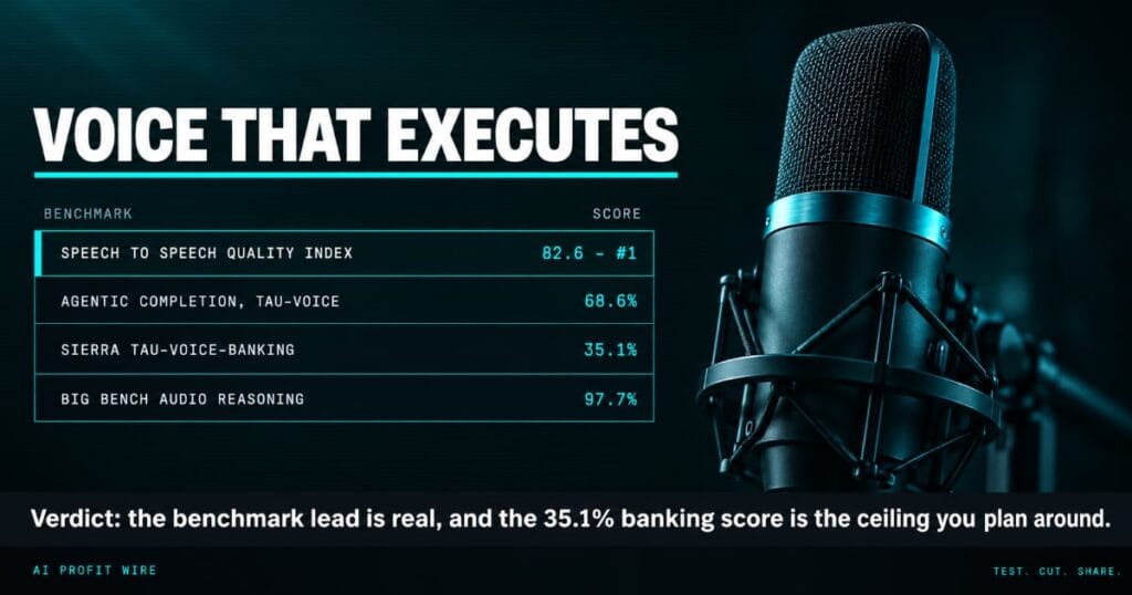 VOICE THAT EXECUTES BREAKING signal card from The AI Profit Wire, 82.6 speech to speech score, Executive Data-Noir design.