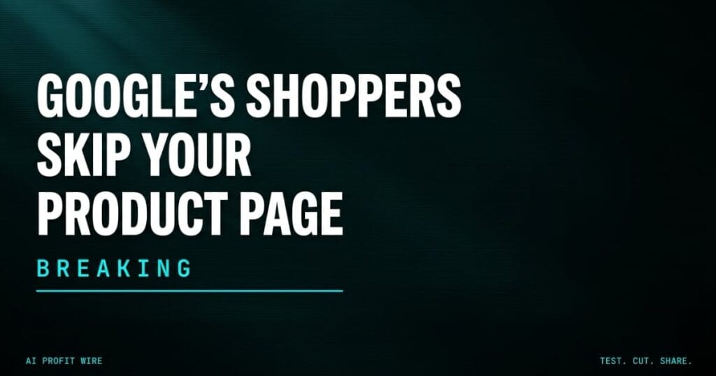 Featured header from The AI Profit Wire reading "Google's shoppers skip your product page" in bold white type over a teal-black ground, Executive Data-Noir design.