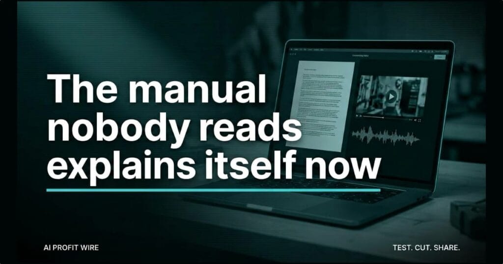 Wide teal-black statement graphic reading: the manual nobody reads explains itself now, with a softly lit laptop converting a document into a narrated video in the background.