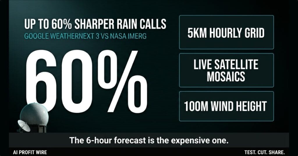 Google WeatherNext 3 raises precipitation forecast accuracy by up to 60 percent, shown as a bold stat card over a satellite ground station dish in a teal-black palette.