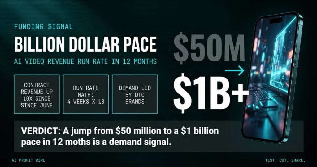 BILLION DOLLAR PACE funding signal header from The AI Profit Wire, $50M to $1B AI video run rate beside AI video phone shot, Executive Data-Noir design.