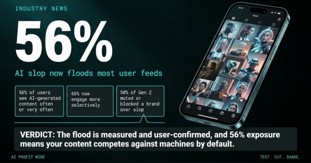 FEED COLLAPSE industry news signal header from The AI Profit Wire, smartphone feed flooded with AI slop beside a 56% stat, Executive Data-Noir design.