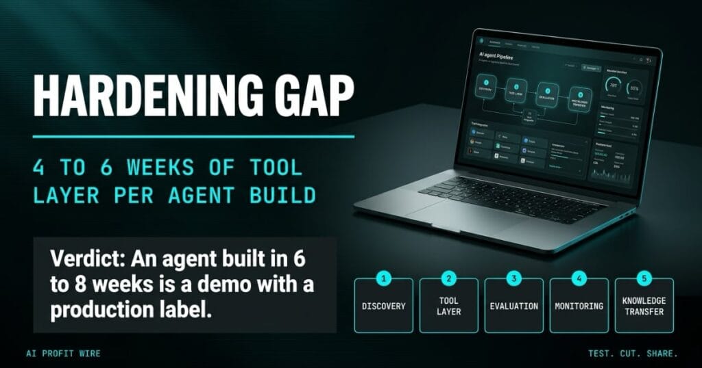 HARDENING GAP industry news featured image from The AI Profit Wire, laptop showing an AI agent pipeline dashboard across five build phases, Executive Data-Noir design.