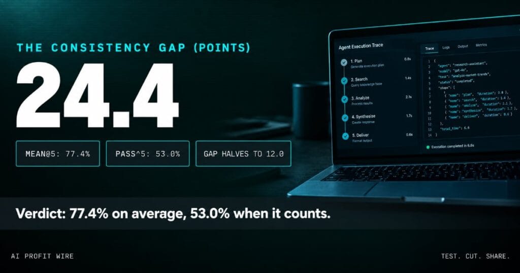 CONSISTENCY GAP research signal header from The AI Profit Wire, 24.4 point gap between 77.4% average and 53.0% repeat success beside a code editor trace, Executive Data-Noir design.
