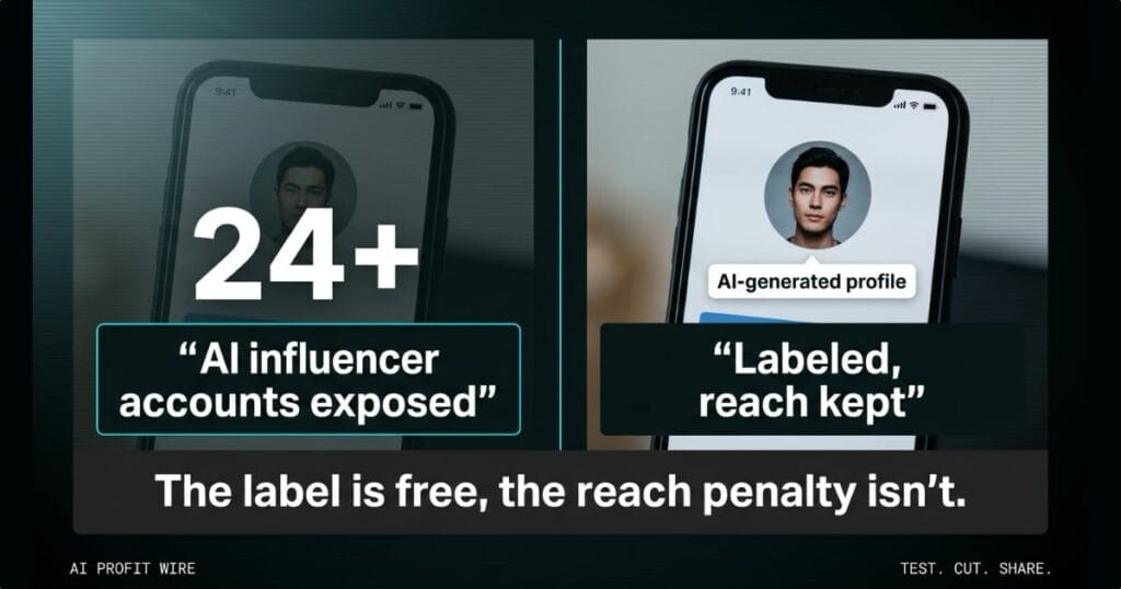 Split-screen featured image comparing an unlabeled AI influencer profile losing reach, marked 24+ exposed accounts, against a profile carrying the Instagram AI-generated profile label, The AI Profit Wire Data-Noir design.