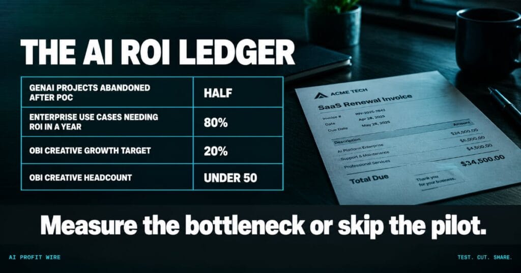 The AI ROI ledger on a teal-black data-noir card listing half of GenAI projects abandoned after proof of concept, 80% of use cases needing ROI within a year, and OBI Creative's 20% growth target with under 50 staff, verdict strip reading measure the bottleneck or skip the pilot.