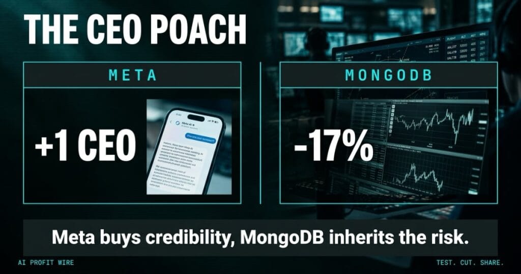 Meta Enterprise Platform signal graphic from The AI Profit Wire comparing Meta gaining a CEO against MongoDB losing 17 percent, Executive Data-Noir design.