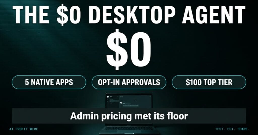 Data-noir signal card titled The $0 Desktop Agent with a massive $0 hero number, proof pills reading 5 native apps, opt-in approvals, and $100 top tier, verdict: Admin pricing met its floor.