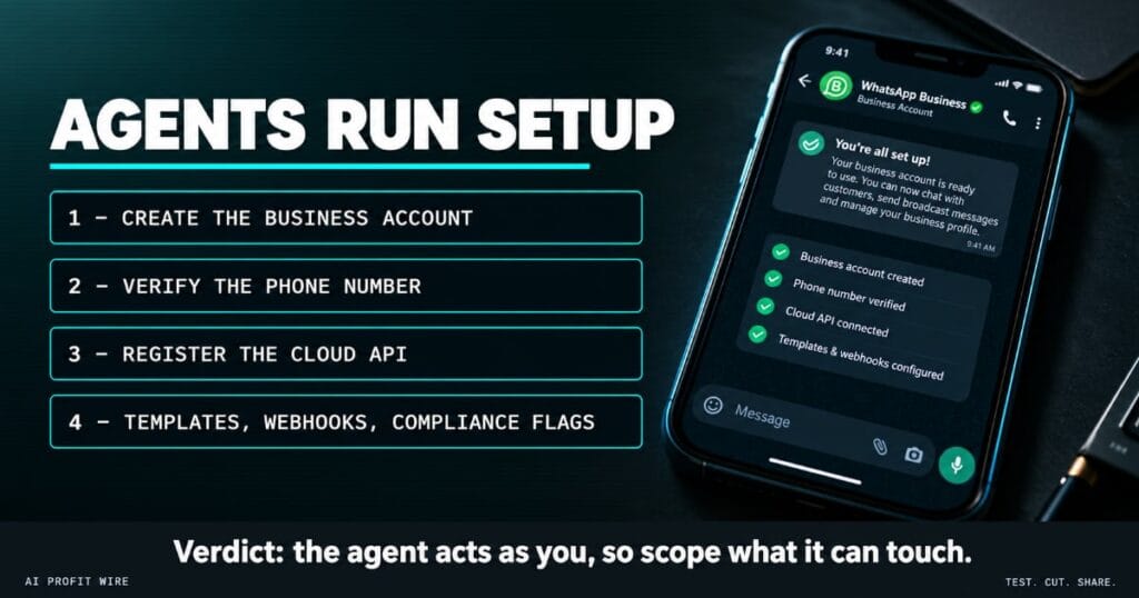 AGENTS RUN SETUP breaking signal header from The AI Profit Wire, numbered setup steps beside a WhatsApp Business conversation screen, Executive Data-Noir design.