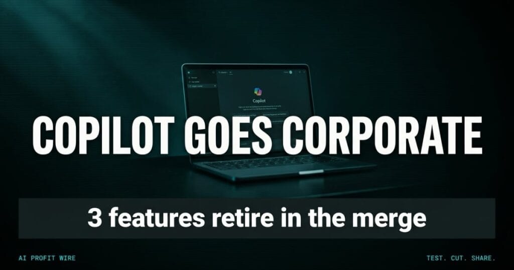 COPILOT GOES CORPORATE featured header from The AI Profit Wire, a bold statement over a laptop running the Copilot app, Executive Data-Noir design.
