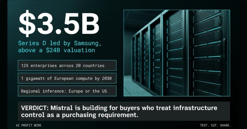 Mistral $3.5B Series D funding header from The AI Profit Wire, massive white $3.5B over AI server rack aisle, Executive Data-Noir design.