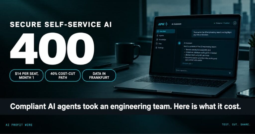 The number 400 in massive white type for MRH Trowe employees using secure AI agents, with proof pills citing $14 per seat, a 40% cost-cut path, and Frankfurt data residency, on a teal-black data-noir card.