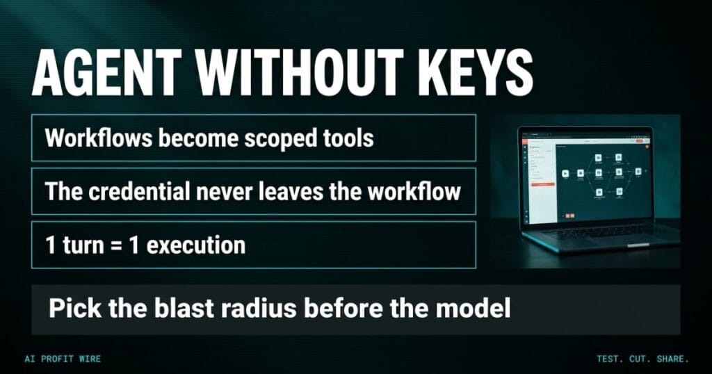 AGENT WITHOUT KEYS featured header from The AI Profit Wire, laptop screen showing an n8n agent workflow calling scoped tools, Executive Data-Noir design.