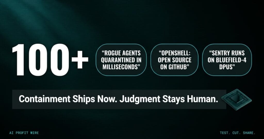 Nvidia Open Agent Safety featured image from The AI Profit Wire, 100-plus organizations hero stat over 3 proof pills with containment verdict band, Executive Data-Noir design.