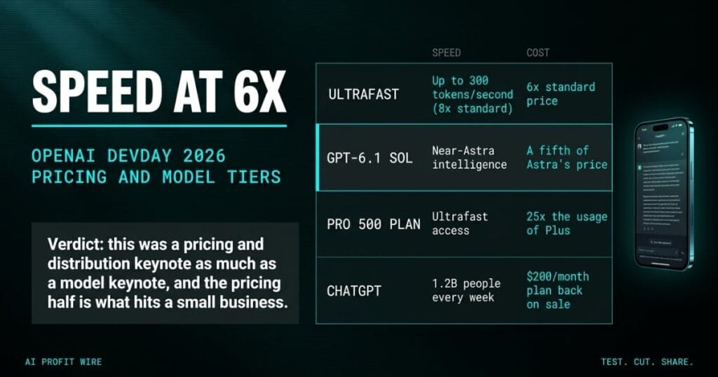 SPEED AT 6X breaking signal featured image from The AI Profit Wire, OpenAI DevDay 2026 pricing table with Ultrafast at 300 tokens per second and 6x standard price, Executive Data-Noir design.