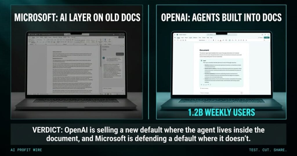 SUITE INVASION BREAKING signal card from The AI Profit Wire, split laptop comparing AI layered on old docs versus agents built into docs, with a 1.2B weekly users stat, Executive Data-Noir design.