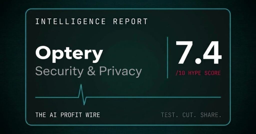 Intelligence Report graphics card for Optery, showing category Security & Privacy, a Hype Score of 7.4 out of 10, branding for THE AI PROFIT WIRE, and the motto TEST. CUT. SHARE.