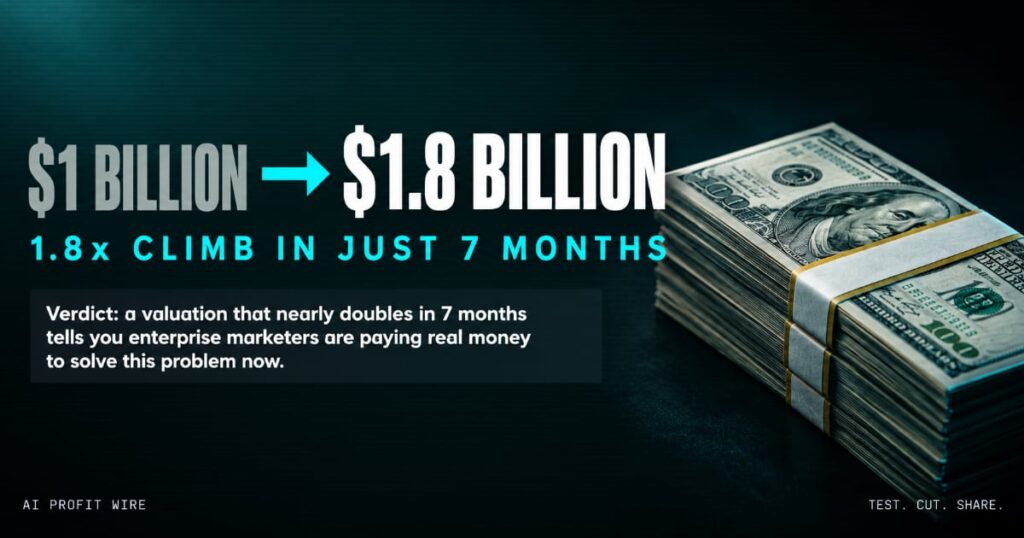 VALUATION NEARLY DOUBLES funding signal header from The AI Profit Wire, $1.8 billion valuation figure with a stack of hundred-dollar bills, Executive Data-Noir design.