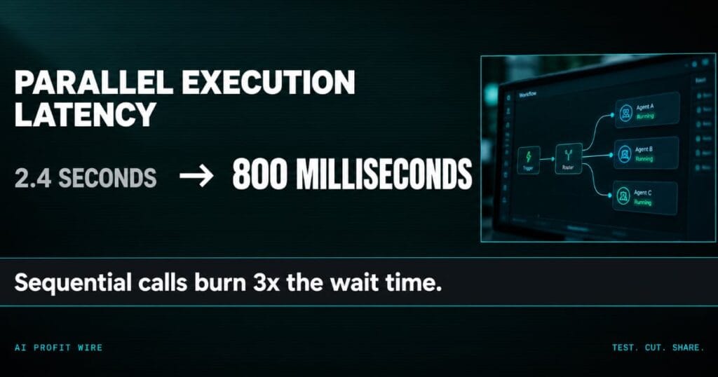 The AI Profit Wire featured image, PARALLEL EXECUTION LATENCY headline with a dim 2.4 SECONDS before an arrow pointing to a bold 800 MILLISECONDS, dark verdict band reading sequential calls burn 3x the wait time, hero_stat_l_transform Data-Noir design.