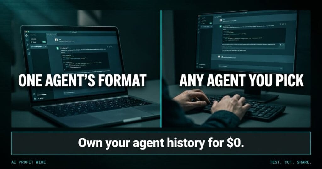 Two-panel comparison on a teal-black data-noir card: an AI coding session locked inside one agent's format on the left, the same session portable to any agent on the right, with verdict strip reading own your agent history for $0.