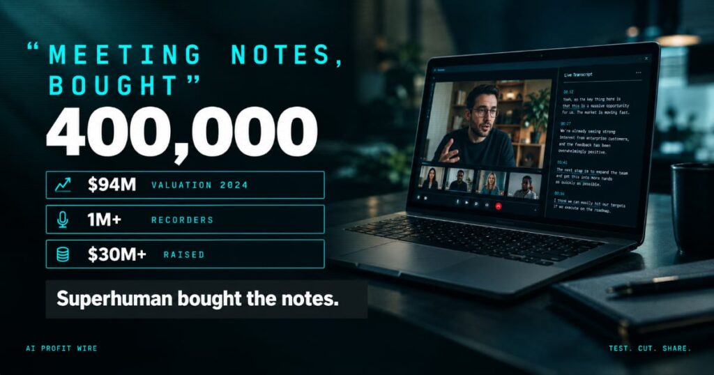Featured card from The AI Profit Wire: 400,000 Fathom users join Superhuman, with $94 million valuation, 1 million recorders, and $30 million raised as proof points, Data-Noir editorial design.