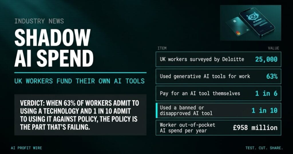 SHADOW AI SPEND industry news featured image from The AI Profit Wire, Deloitte data ledger showing 63% of UK workers using generative AI, Executive Data-Noir design.