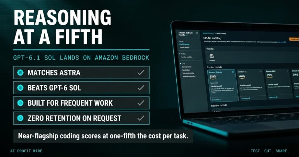 REASONING AT A FIFTH breaking signal header from The AI Profit Wire, Bedrock model catalog screen with GPT-6.1 Sol at one-fifth cost per task, Executive Data-Noir design.