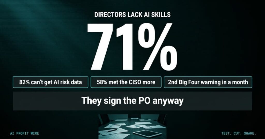 BOARDROOM BLIND SPOT featured header from The AI Profit Wire, a 71% hero number over proof pills on a teal-black ground, Executive Data-Noir design.