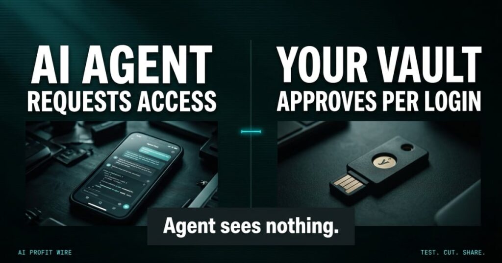 AI agent requests access while the vault approves per login, 1Password for Agents split panel, The AI Profit Wire, Executive Data-Noir design.