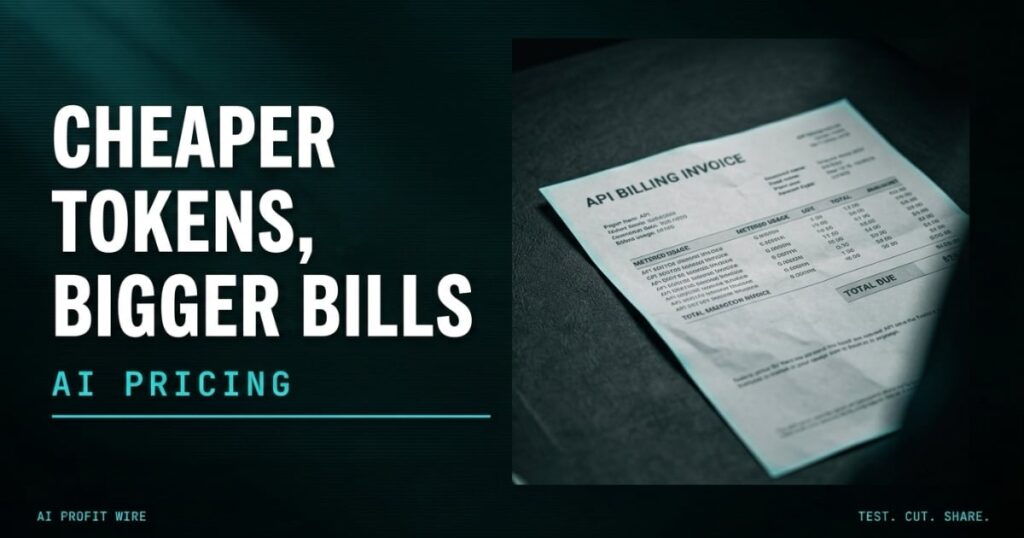 CHEAPER TOKENS, BIGGER BILLS headline beside a low-contrast photograph of a metered utility bill, Data-Noir featured card from The AI Profit Wire on AI pricing.
