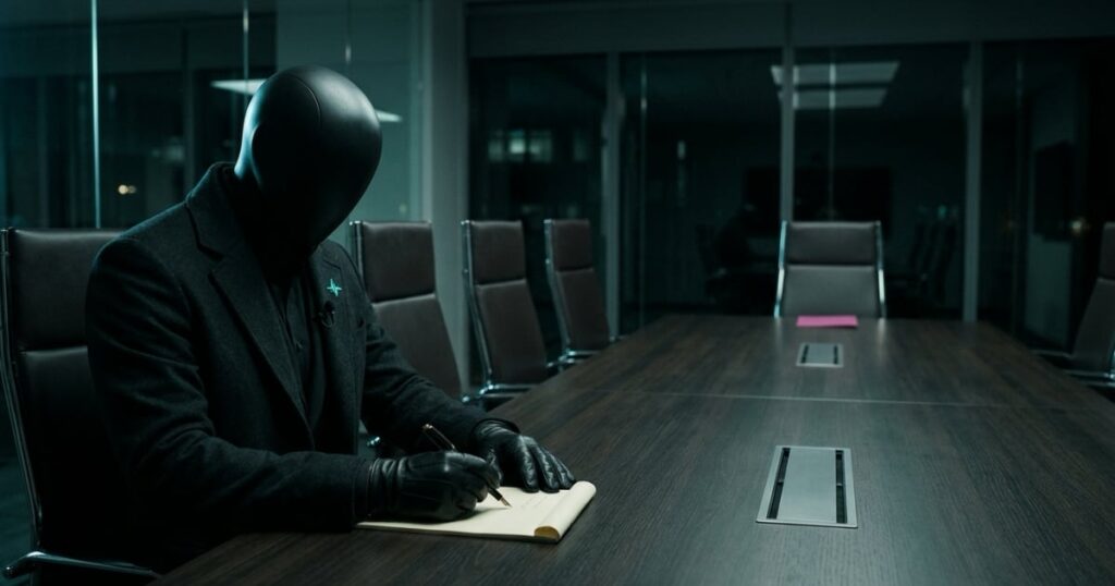 Masked analyst takes notes at a meeting table beside an empty chair: an AI note taker without a bot joining the meeting, from The AI Profit Wire.