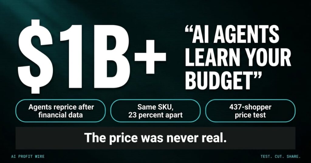 AI shopping agents featured signal header from The AI Profit Wire, $1B+ hero stat with AI agents learn your budget headline, Executive Data-Noir design.