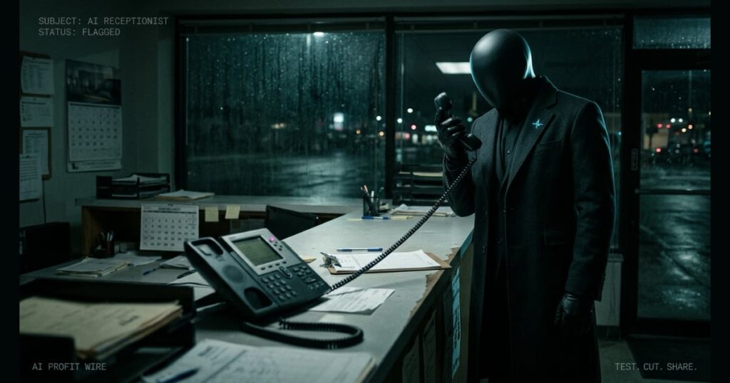 Masked analyst inspects an office desk phone: AI receptionists run $79 to $212.50 at 100 calls. AI Profit Wire industry news