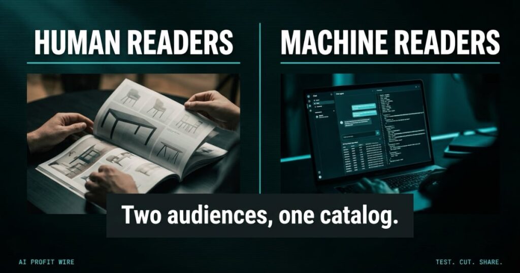 Human catalog reader versus machine spec parser split panel, two audiences one catalog, The AI Profit Wire, Executive Data-Noir design.